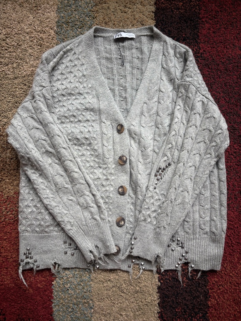 ZARA Chunky Cable Knit Distressed Cardigan Studded Hem Gray Size M